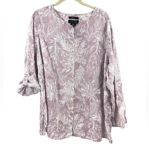 Tahari 100% Linen Button Up Top Women Size 1X Purple Floral Long Sleeve Roll Tab - Picture 1 of 9